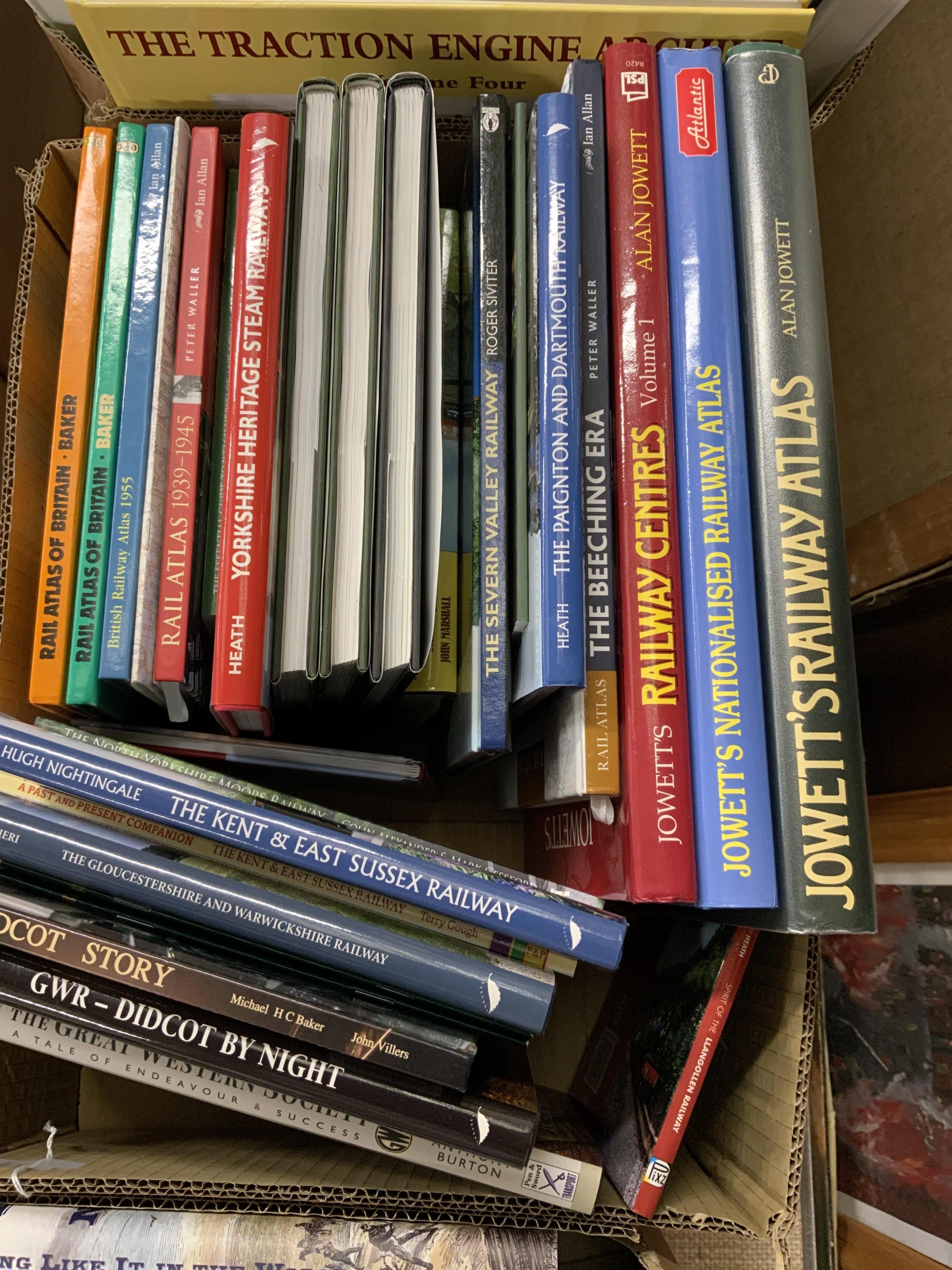 Eight boxes of railway related books, etc. subjects include; Indian railways, United States railways, Great Western Railway, steam trams, Union Pacific Railway, etc. publishers include; Middleton Press, Ian Allan, David